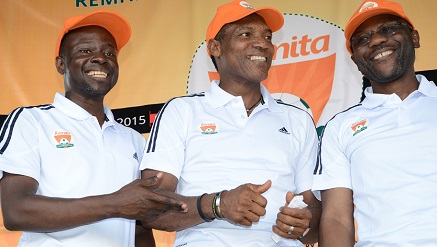 L-r): Deremi Atanda, executive director, SystemSpecs, owners of Remita e-payment platform, brand ambassador, Peter Rufai, Remita Corporate Champions Cup and former Super Eagles goalkeeper and John Obaro, MD/CEO, SystemSpecs, chatting at the season 2 of Remita Corporate Champions Cup at the Campos Stadium Lagos at the weekend.